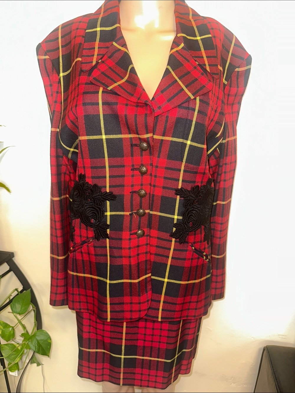 NINETY vintage red and black plaid skirt suit